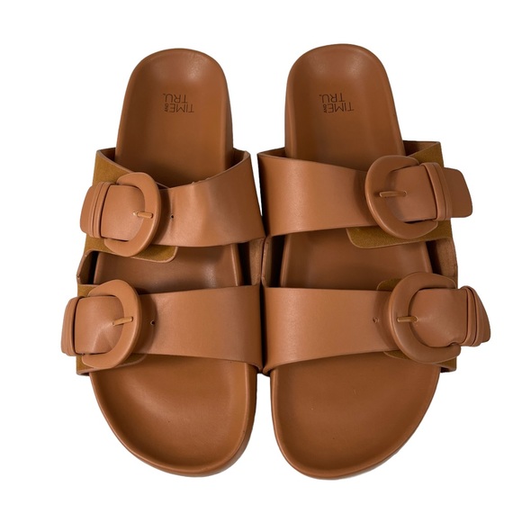 Time and Tru Brown Vegan Leather Buckle Strap Sz 10 Summer Beach Slip-on Sandals - Picture 6 of 16